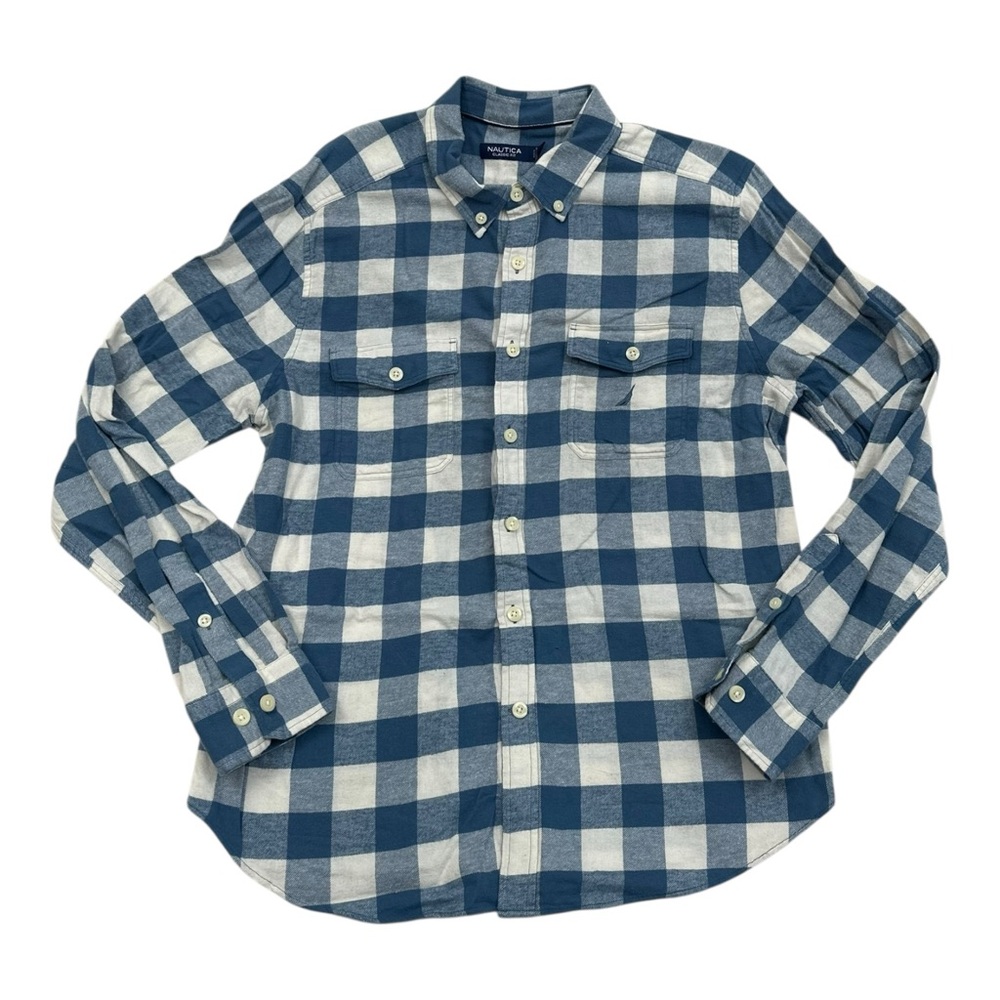 Nautica Classic Fit Men's Blue and White Flannel Checkered Button Down Shirt XL